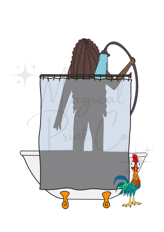 Cute illustration of Moana in the shower with her hair full of bubbles, steam in the background, and Hei Hei sitting confused on the bathroom floor.