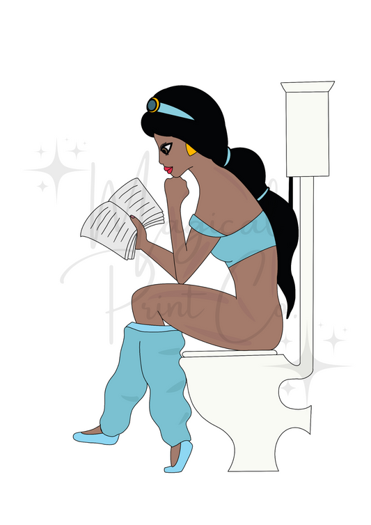 Funny hand-drawn illustration of Princess Jasmine sitting on a toilet in her royal bathroom, with Rajah the tiger waiting nearby and soft pastel tones throughout.

