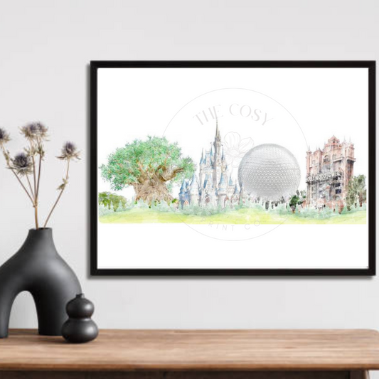 Hand-drawn Disney World park icons print featuring Cinderella’s Castle, Spaceship Earth, Tree of Life, and Tower of Terror