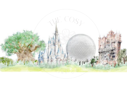 Hand-drawn Disney World park icons print featuring Cinderella’s Castle, Spaceship Earth, Tree of Life, and Tower of Terror