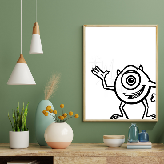 Hand-drawn black and white line art of Mike Wazowski with custom background – Pixar wall art by The Magical Print Co