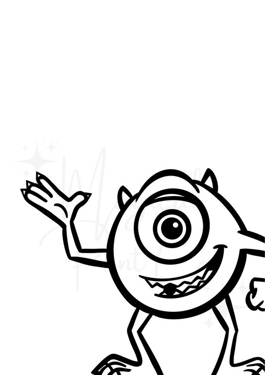 Hand-drawn black and white line art of Mike Wazowski with custom background – Pixar wall art by The Magical Print Co
