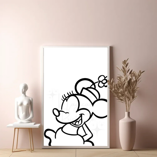 Hand-drawn black and white line art of Minnie Mouse with custom background – Disney wall art by The Magical Print Co