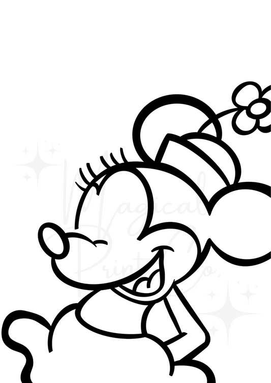 Hand-drawn black and white line art of Minnie Mouse with custom background – Disney wall art by The Magical Print Co