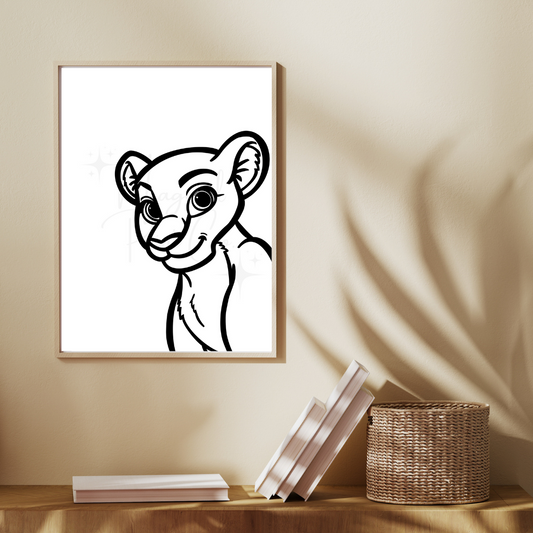Hand-drawn black and white line art of Nala from The Lion King with custom background – Disney-inspired wall print by The Magical Print Co