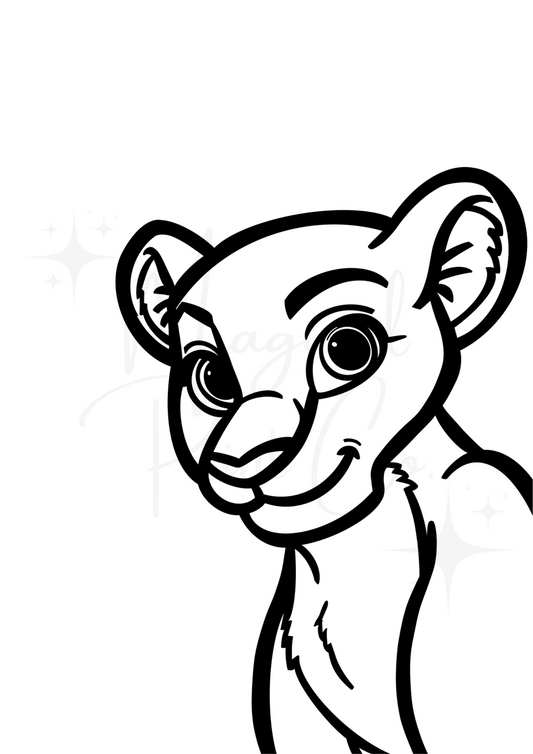 Hand-drawn black and white line art of Nala from The Lion King with custom background – Disney-inspired wall print by The Magical Print Co