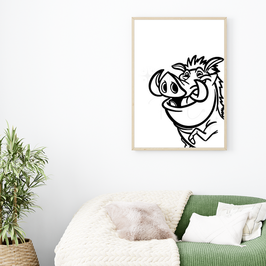 Hand-drawn black and white line art of Pumbaa with custom background – Disney wall print by The Magical Print Co