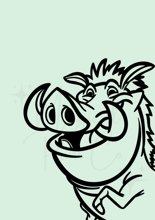Hand-drawn black and white line art of Pumbaa with custom background – Disney wall print by The Magical Print Co