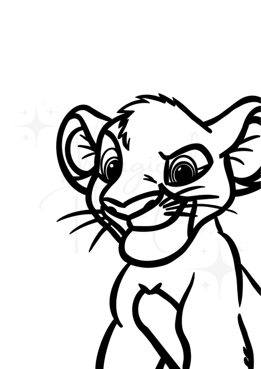 Hand-drawn black and white line art of Simba from The Lion King with custom background – Disney-inspired wall print by The Magical Print Co

