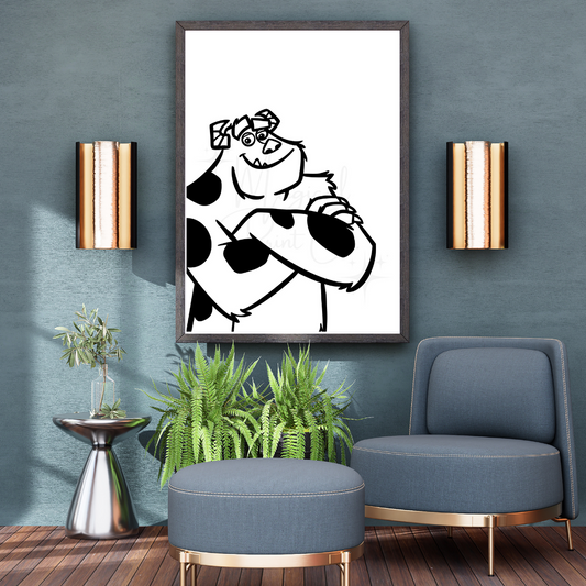 Hand-drawn black and white line art of Sulley from Monsters, Inc. with custom background – Disney Pixar wall print by The Magical Print Co
