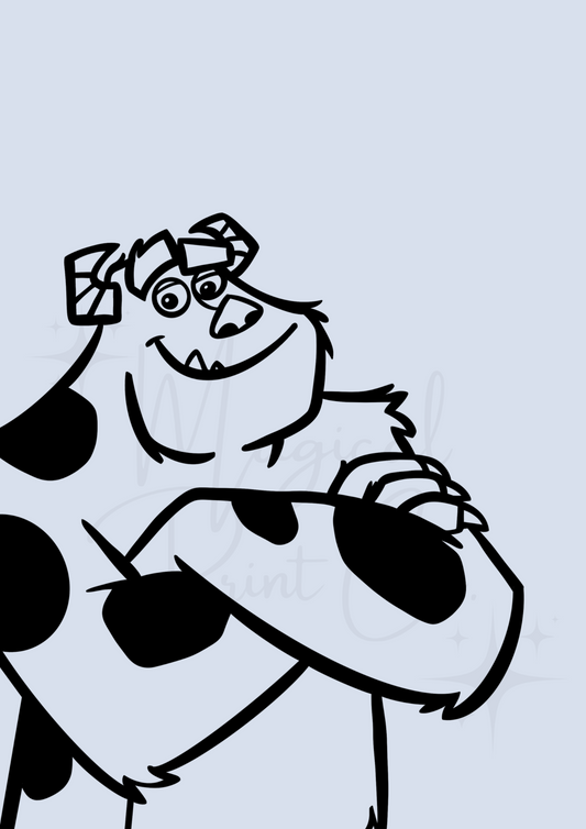 Hand-drawn black and white line art of Sulley from Monsters, Inc. with custom background – Disney Pixar wall print by The Magical Print Co