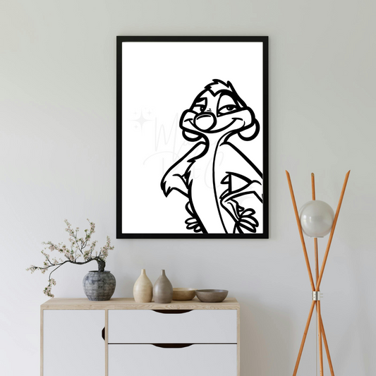 Hand-drawn black and white line art of Timon with custom background – Disney wall print by The Magical Print Co