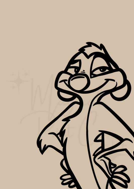 Hand-drawn black and white line art of Timon with custom background – Disney wall print by The Magical Print Co