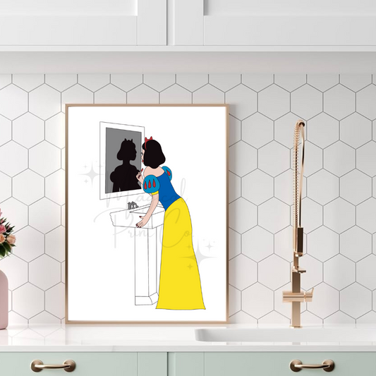 Hand-drawn print of Snow White in a pastel-toned bathroom, standing at a mirror and applying red lipstick, with classic vintage details.

