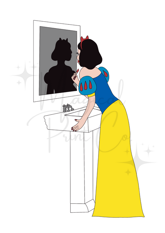Hand-drawn print of Snow White in a pastel-toned bathroom, standing at a mirror and applying red lipstick, with classic vintage details.

