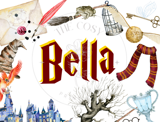 Harry Potter-inspired name print with cloak, wand, and house scarf details