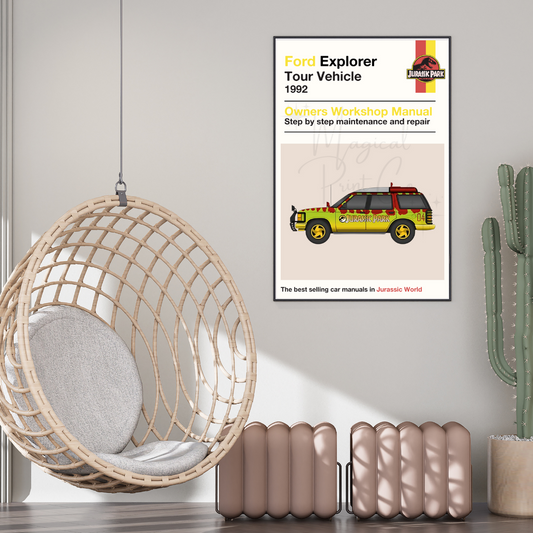 Illustrated Haynes-style manual cover featuring the Jurassic Park Ford Explorer, designed with vintage technical drawing details and Jurassic-themed graphics.