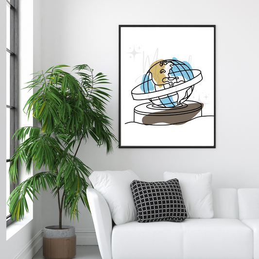 Minimalist line art drawing of the Universal Studios spinning globe, created in black, cream, and white tones with soft architectural detailing.