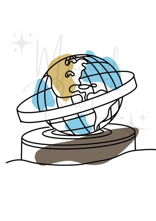 Minimalist line art drawing of the Universal Studios spinning globe, created in black, cream, and white tones with soft architectural detailing.