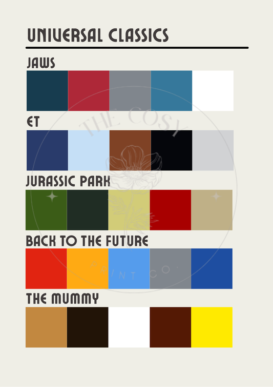 Pantone-style swatch print featuring colour blocks inspired by Universal Studios classics: Jaws, Jurassic Park, The Mummy, E.T., and Back to the Future.

