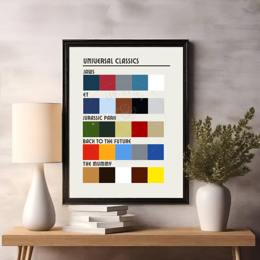 Pantone-style swatch print featuring colour blocks inspired by Universal Studios classics: Jaws, Jurassic Park, The Mummy, E.T., and Back to the Future.

